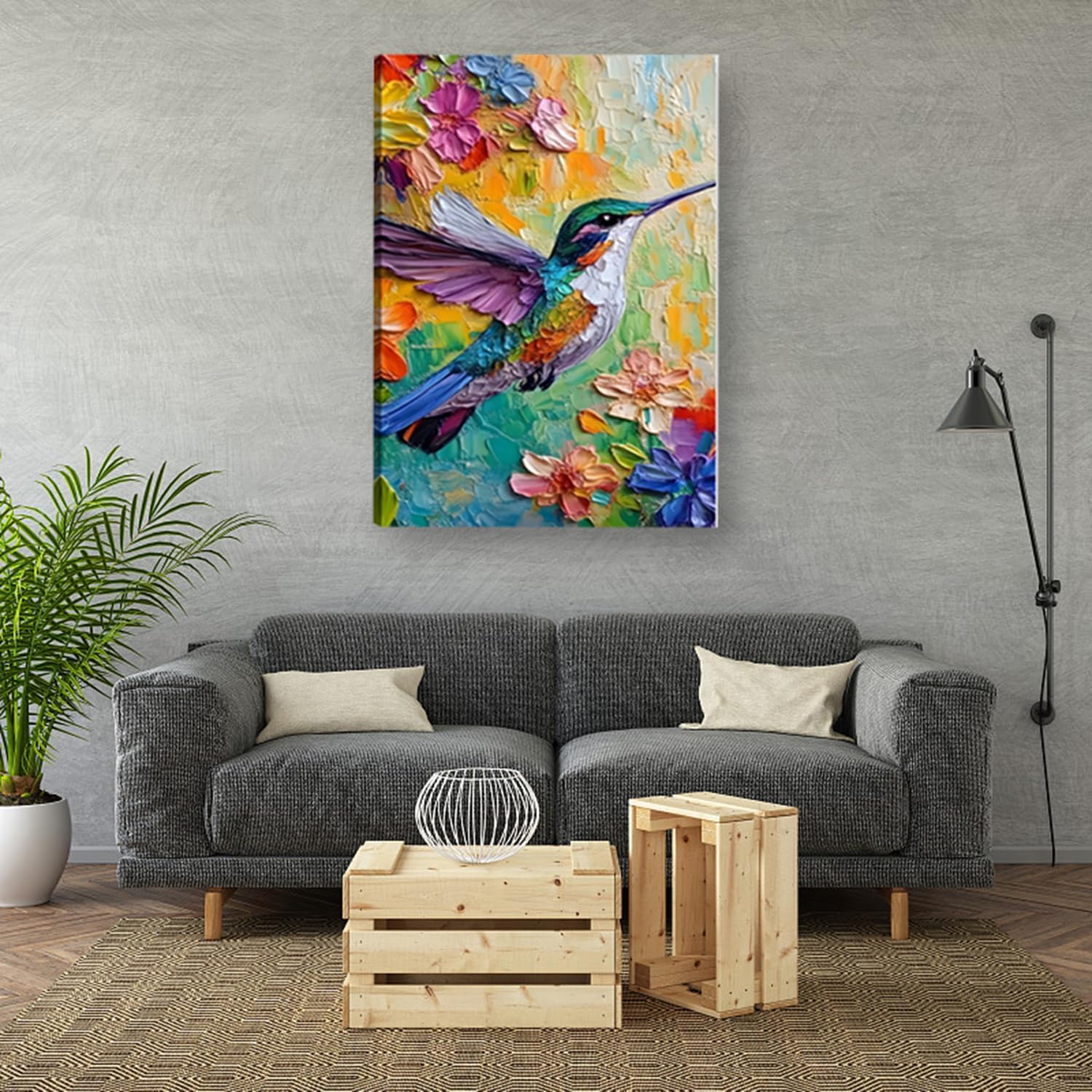 Colorful Hummingbird Canvas Wall Art Print, Oil Flower Bird Poster Painting Wall Decor, Hummingbird Picture for Wall Living Room Bathroom Bedroom Home Decoration 16 * 24 in Framed