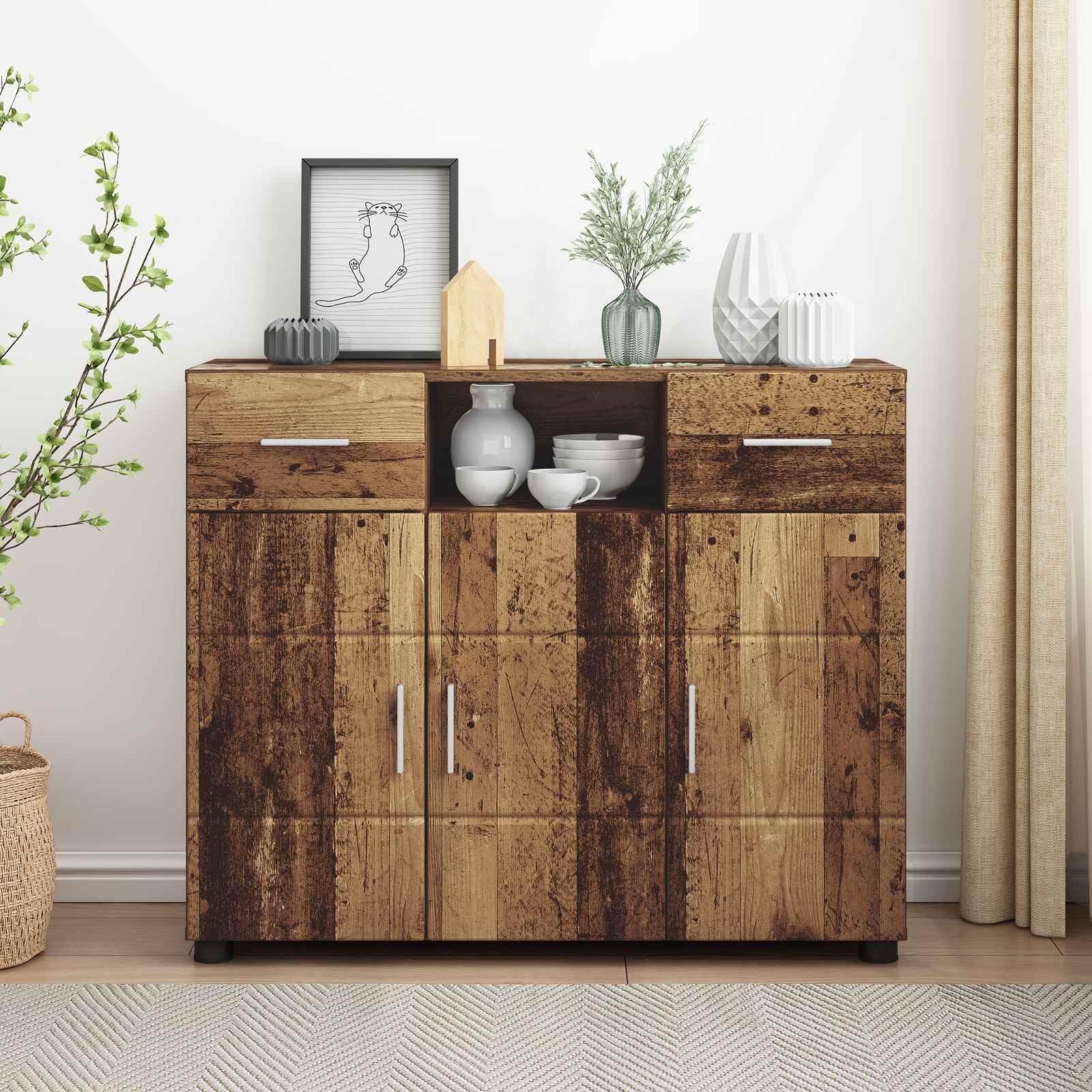 Armadio in legno anticato con superficie opaca, 3 ante, 2 cassetti, 3 ripiani, stabile spazio per soggiorno, ufficio e stanza familiare