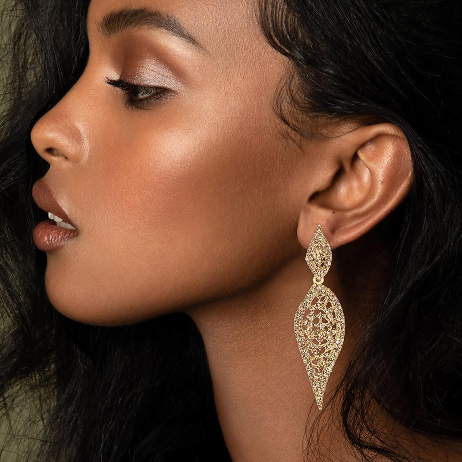 EVER FAITH Costume Party Jewelry 2 Leaf Round Crystal Hollow-out Pierced Chandelier Dangle Earrings for Women - Image 2