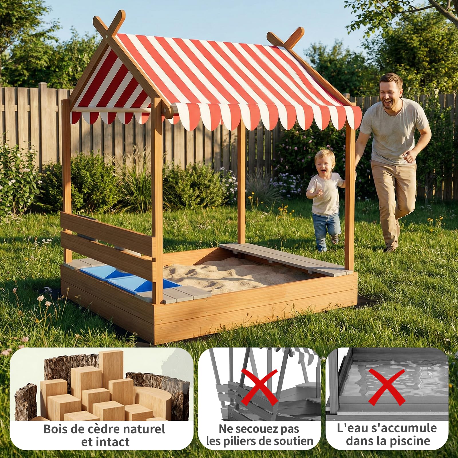 MAMIZO Grand Bac à Sable Extérieur pour Enfants 3-10 Ans, Bac a Sable en Bois avec Couvercle, 2 Bassin, Bac à Sable aux Jardins, Plages, Balcons, Base en Tissu Non tissé Noir, 113x116x142 cm