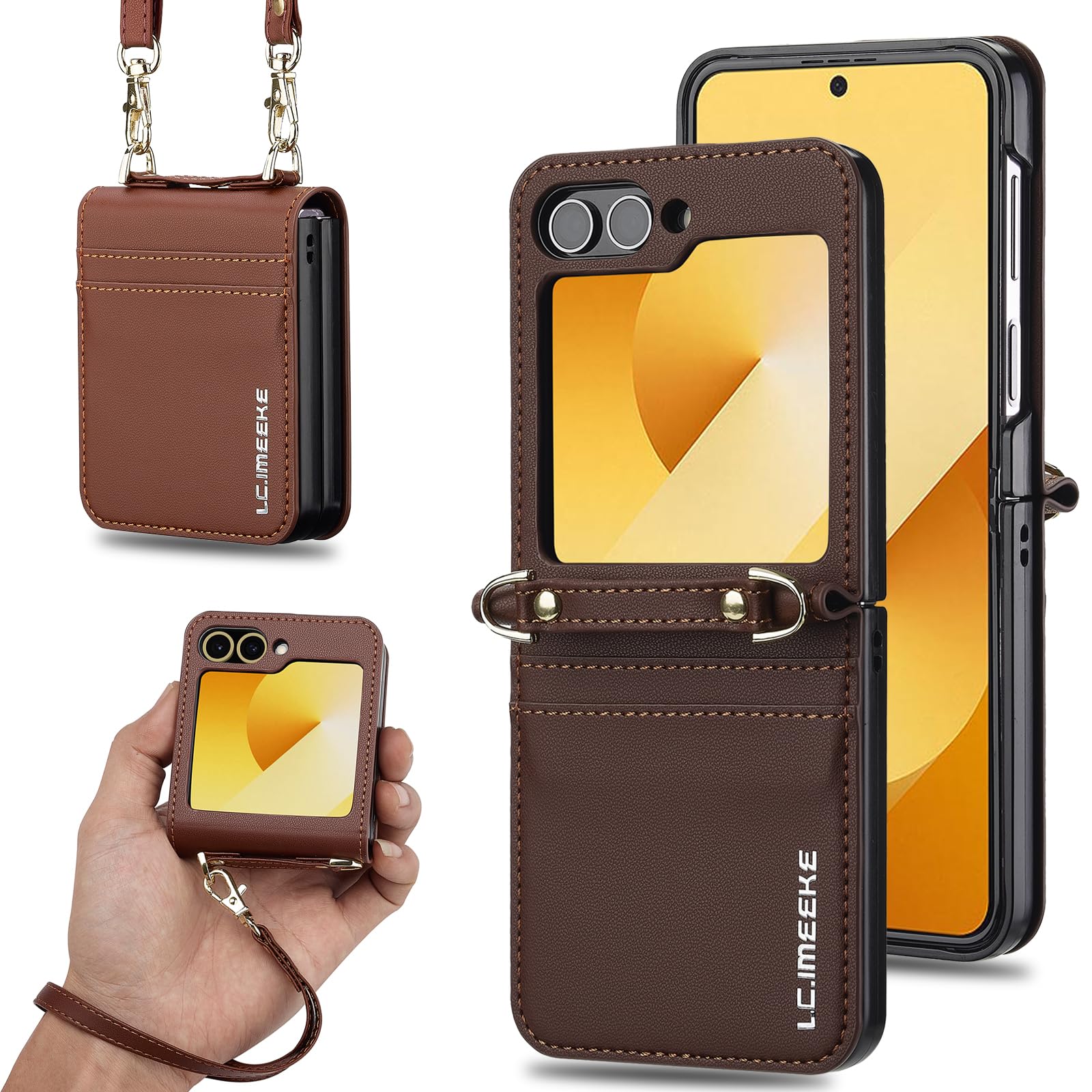 Etui z klapką ze skóry PU z podstawką do Samsung Galaxy Z Flip 6, stylowe, z miejscem na karty, paskiem na rękę i paskiem na ramię (brązowy)