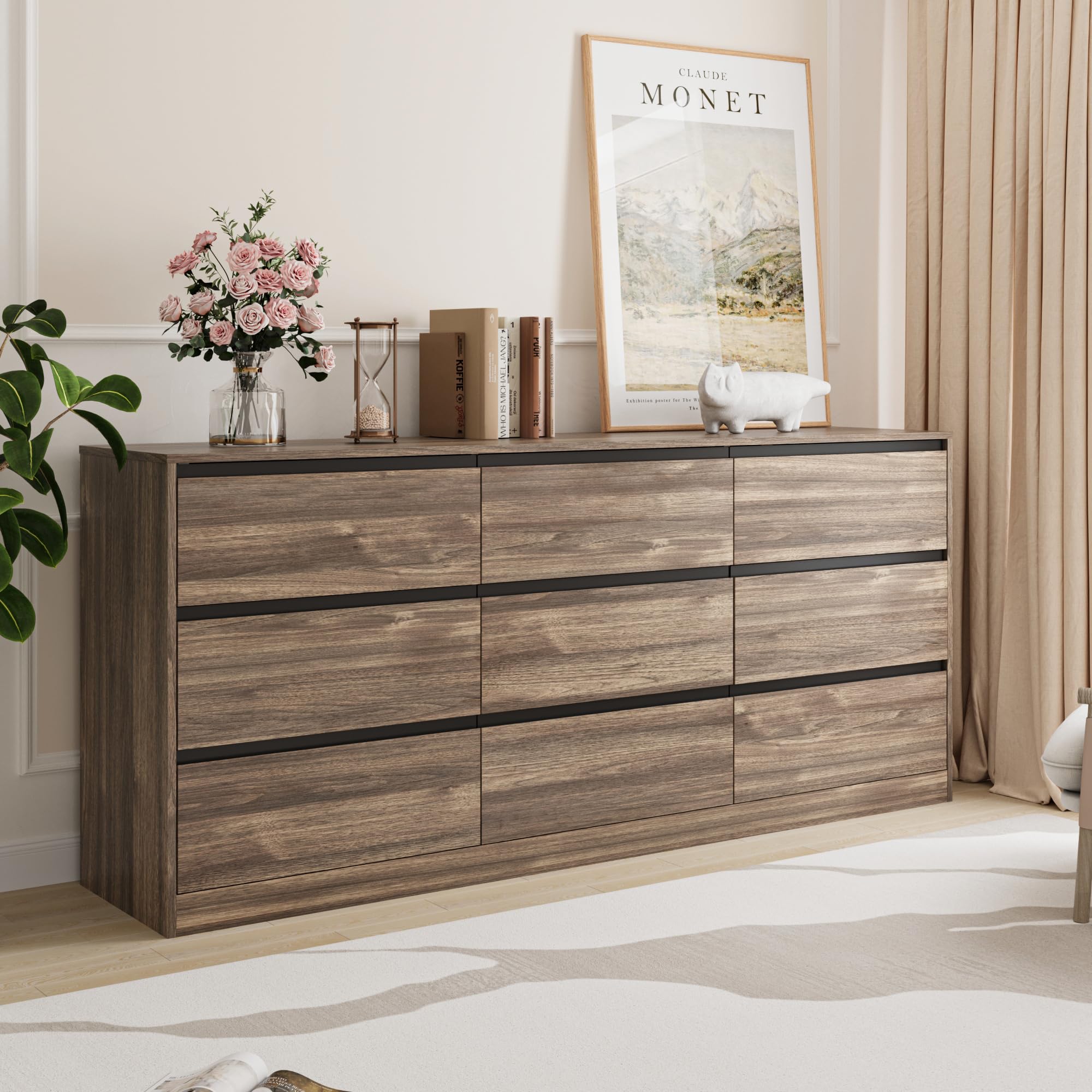 Bobve 70.9 inch dresser with 9 drawers in walnut