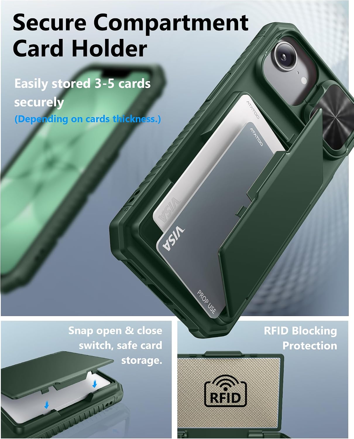 ATATOO for iPhone 17e/16e Case Wallet with Card Holder (3-5 Cards), Green image 3
