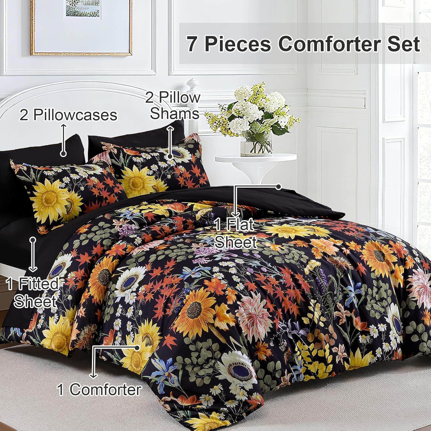 Yiran Bed in a Bag King Black Yellow Comforter Set 7 Pieces Soft Microfiber Sunflower Floral Bedding Set with 1 Comforter 1 Flat Sheet 1 Fitted Sheet 2 Pillowshams 2 Pillowcases