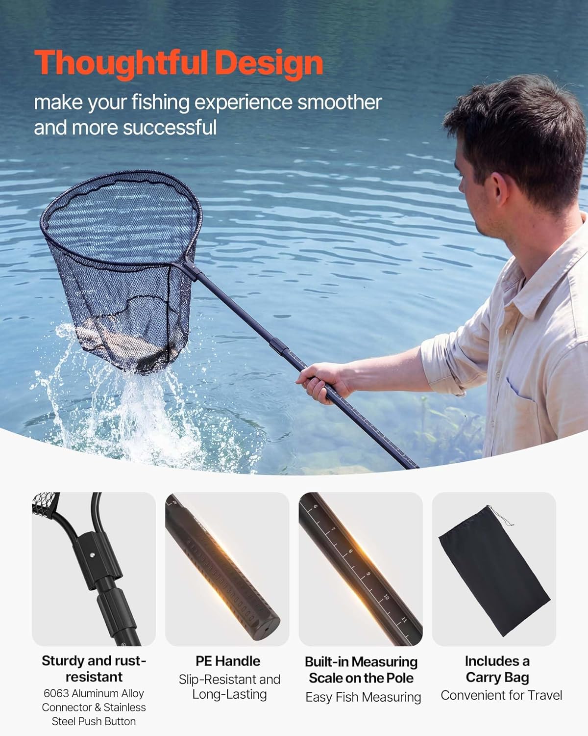VEVOR Fishing Net, Landing Nets with Telescopic Handle, Portable Lightweight Stronger 6063 Aluminum Fish Gear, Nylon Covered PVC, Durable and Friendly, 26 inch Net Opening for Saltwater Bait