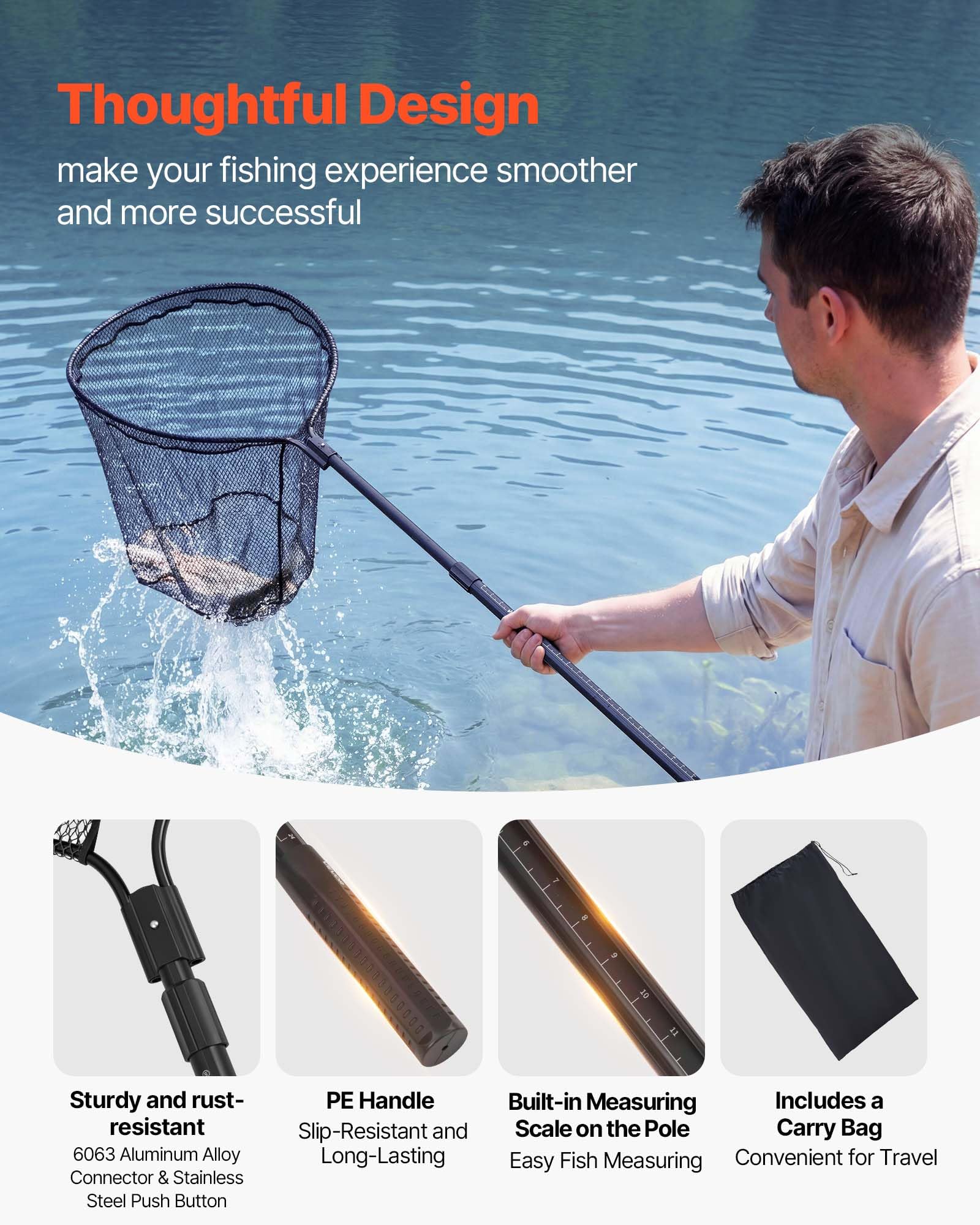 VEVOR Retino da Pesca con Asta Telescopica, Rete per Pescatori Lunghezza Asta 960 mm Antiscivolo, Fibro di Carbonio PVC Rivestito in Nylon, Retino da Pesca Carico max 10 kg da Stagni Lago Kayak Barche