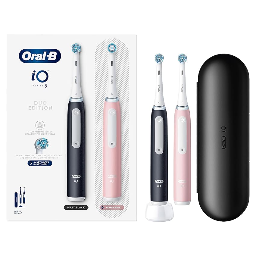 Immagine del prodotto Oral-B Spazzolino Elettrico Ricaricabile iO 3N, Sensore di Pressione, Timer Anello Luminoso, 3 Modalità di Spazzolamento, 2 Testine, 2 Spazzolini, Custodia Viaggio, Nero e Rosa, Idea Regalo