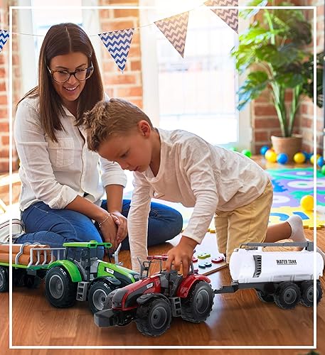 Miniatura 7 de Mozlly Juego de remolque de tractor de granja alimentado por fricción, juguetes de 16 pulgadas para niños y niñas, tanque de agua roja, tractor