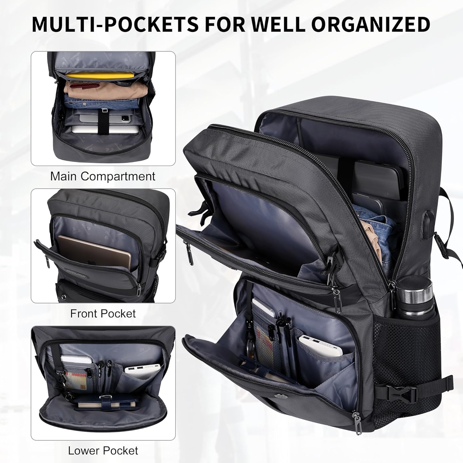 WITZMAN Carry on Travel Backpack for Men Women Laptop Backpack with USB Charging Port Airline Approved(B683 Silvery Grey) - Image 3