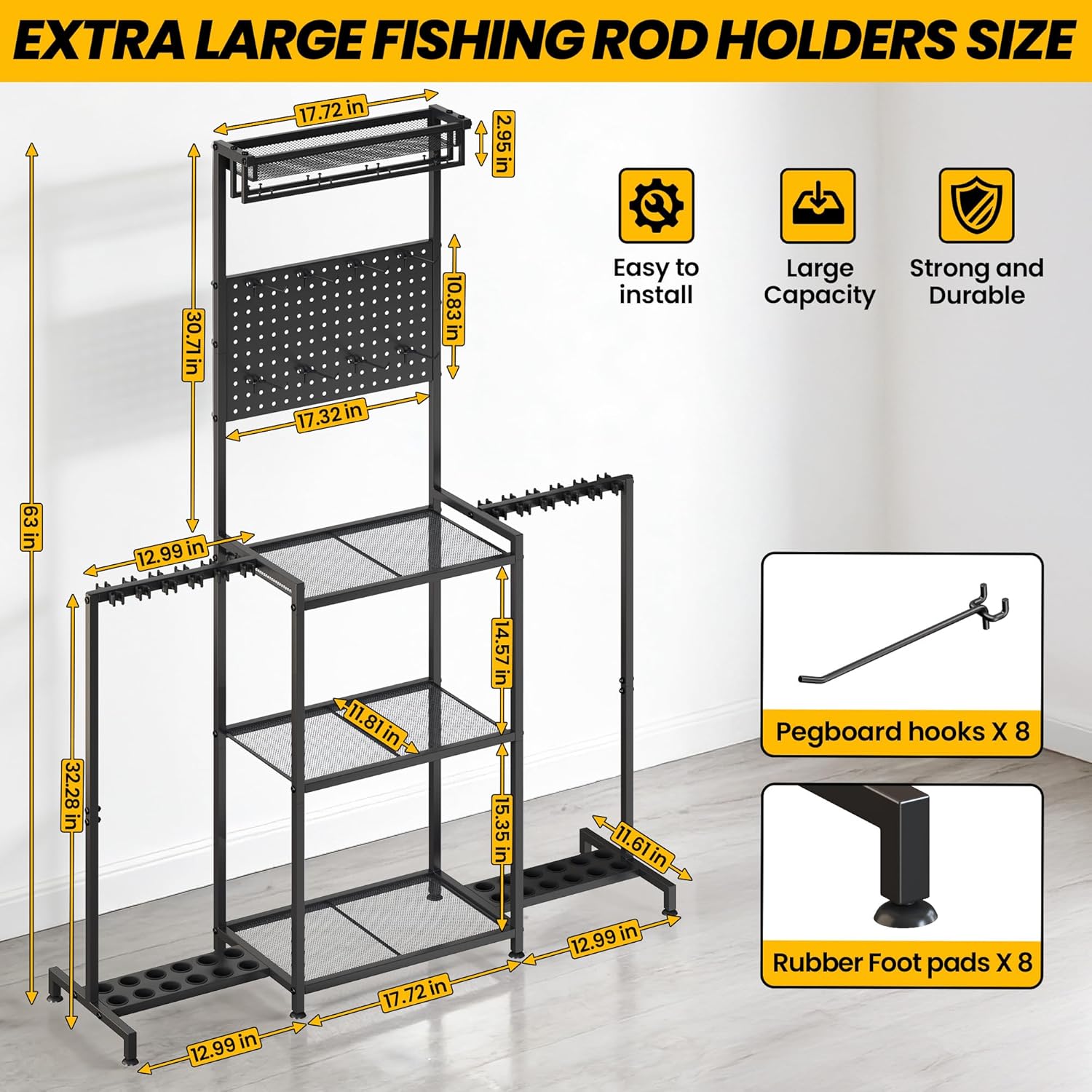 Vertical Fishing Pole Holders for Garage, Fishing Rod & Reel Storage Rack Holds Up to 24 Rods with Reel Hanging System, Metal Mesh Basket & Pegboard Organizer
