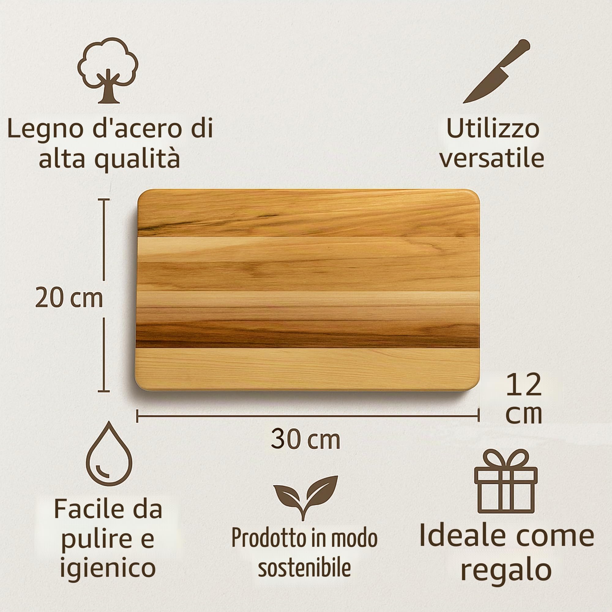 Tagliere in legno d'acero, 30 x 20 x 2 cm, in legno di casa, pratico tagliere da portata, tagliere in legno oliato quadrato (1)