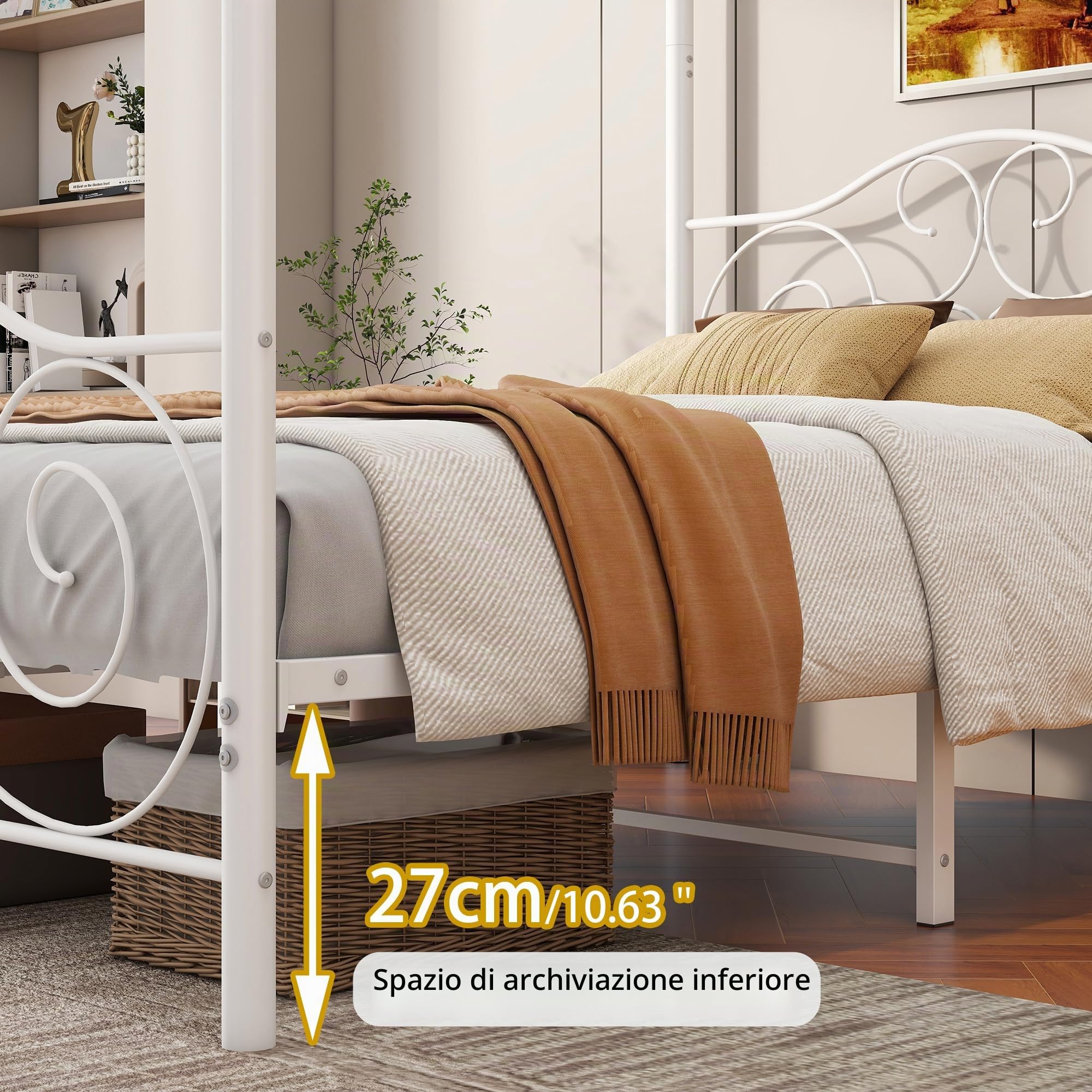 Telaio per letto a baldacchino, 120 x 200 cm, struttura in metallo, testiera e pediera decorati a cuore, doghe e supporti in acciaio altamente resistenti, con testiera e pediera, non sono