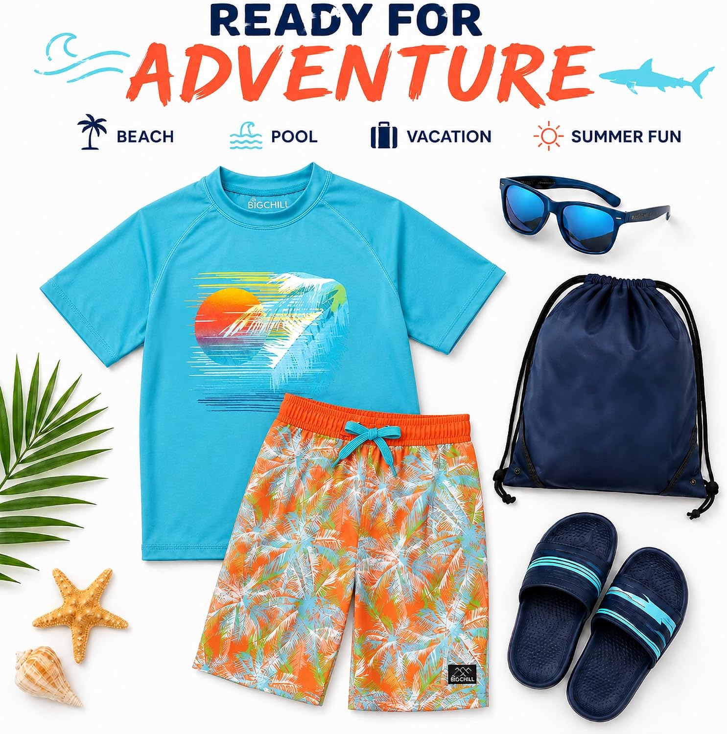 Big Chill Boys Swim Set - 2 Piece Quick Dry UPF 50 Short Sleeve Rash Guard for Boys and Swim Trunks - Swimwear Set for Kids