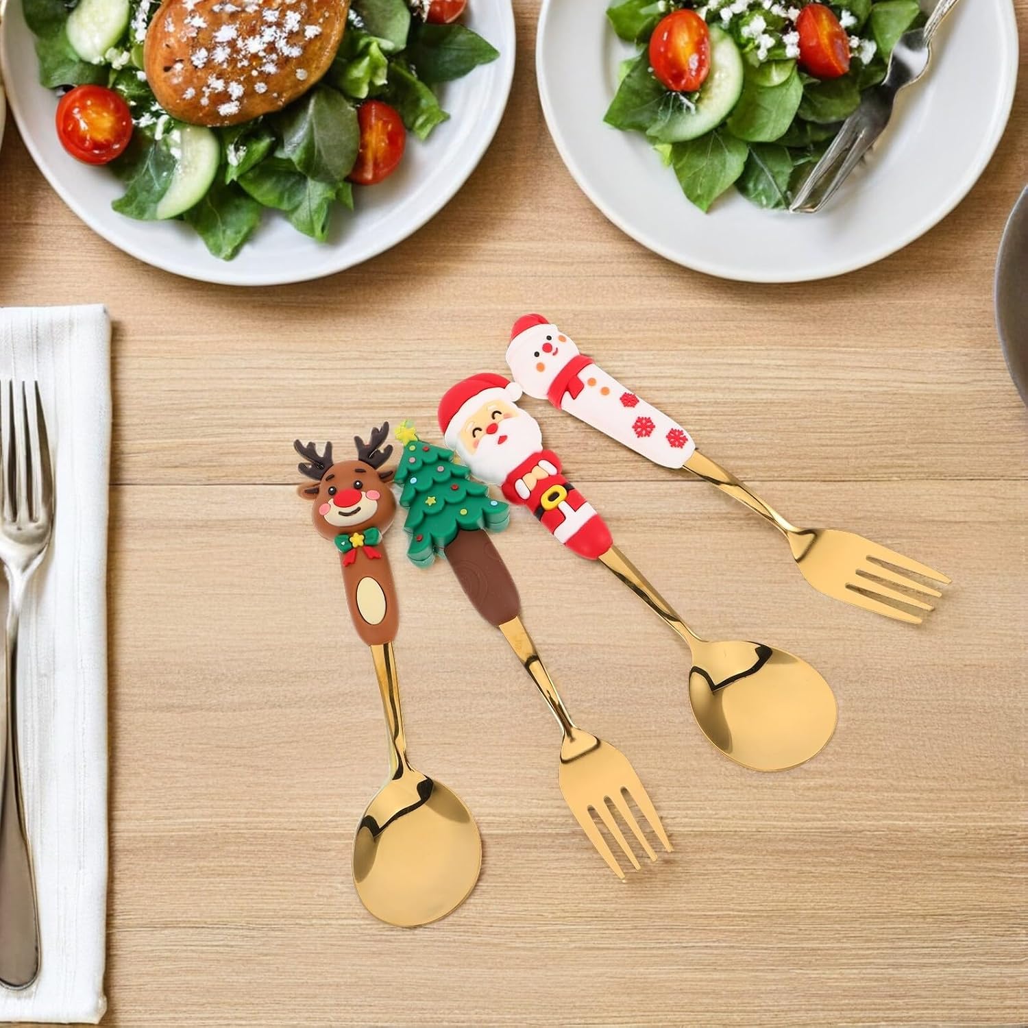 Sosoport 4pcs Christmas Stainless Steel Dessert Spoon and Dinner Fork Set with Santa and Tree Design, Small Ice Cream Spoons for Holiday Dinner Party