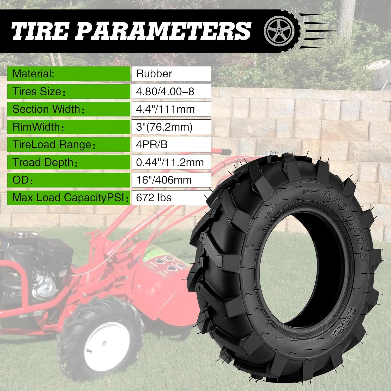 2 PCS 4.80/4.00-8 Tiller Tires Tubeless, 4.80x4.00-8" Turf Lawn Garden Tires for Tractor Tillers Golf Cart Most Garden Lawn Mower Tires