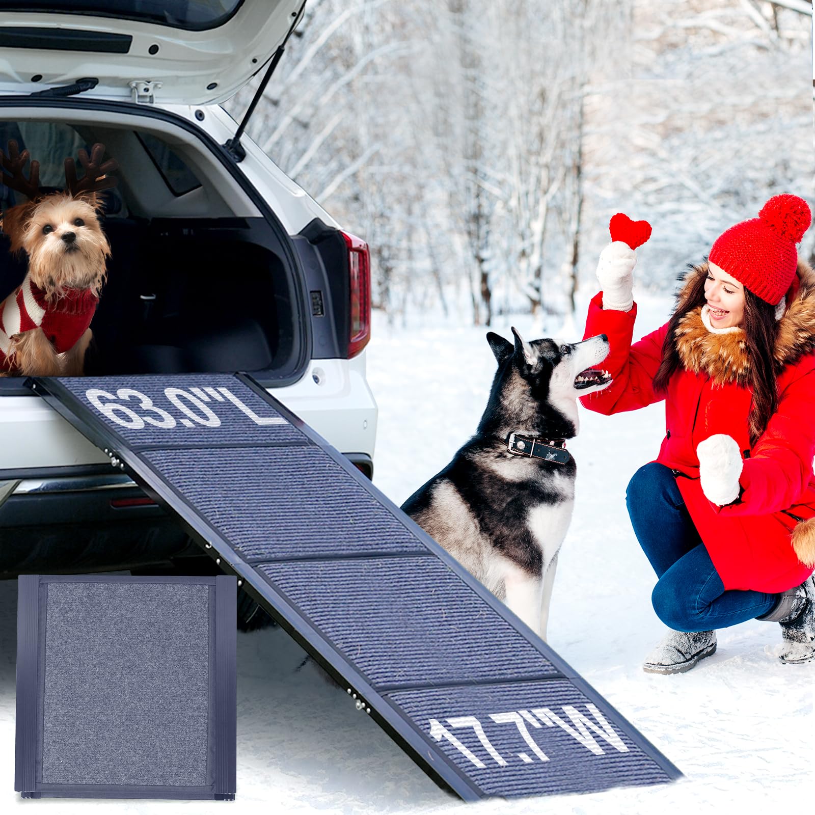 Dog Ramp for Car, Extra 63" Long x 17.3" Wide Folding Portable Pet Ramp, Non-Slip Soft Rug Dog Stairs for Large Medium Dogs Up to 250LB, Sturdy Safe Dog Outdoor Steps for Car, SUV, Truck