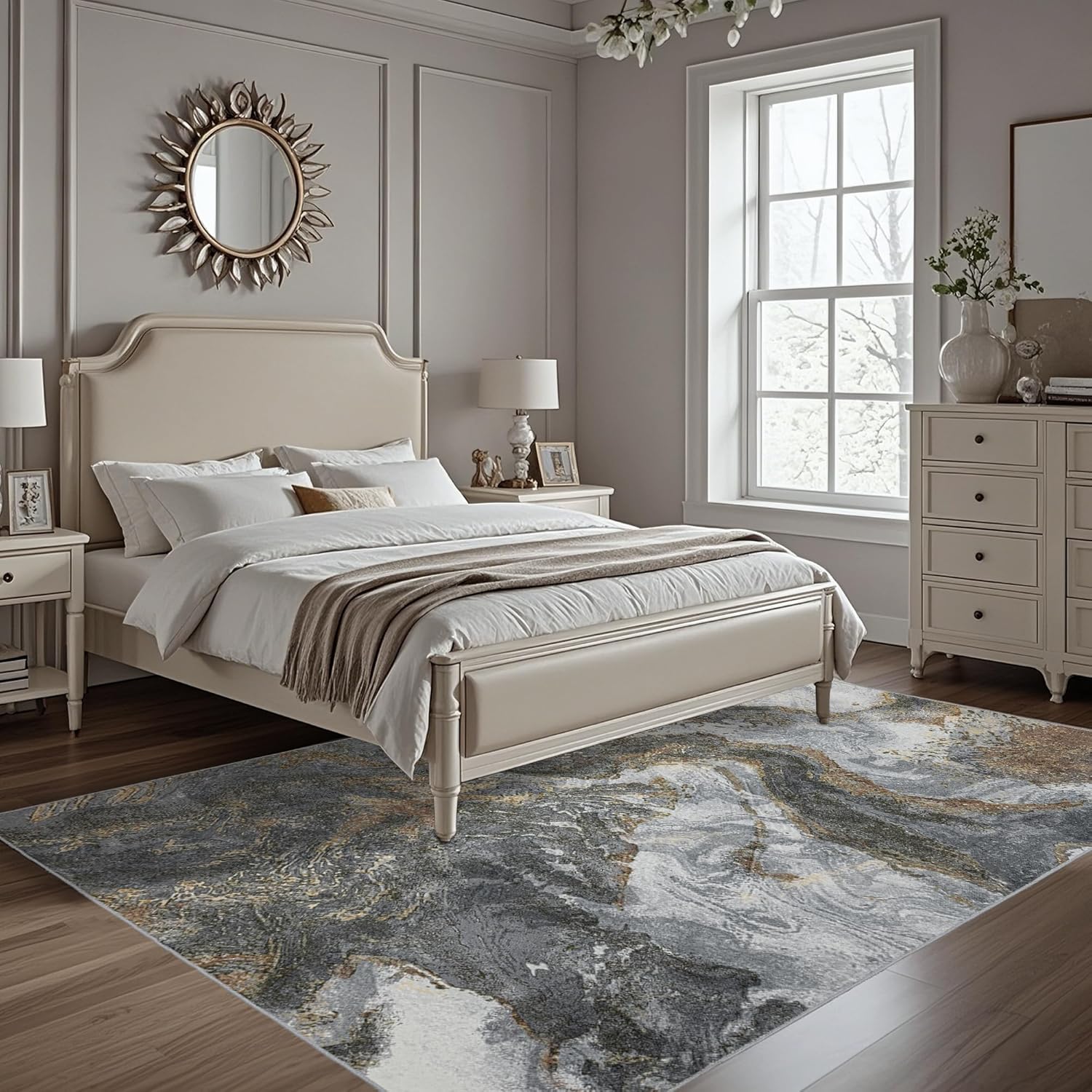 Modern Washable Rug for Living Room: Abstract Area Rugs for Bedroom Low Pile Non Slip - Stain Resistant Carpet for Dining Room Indoor - Grey Gold
