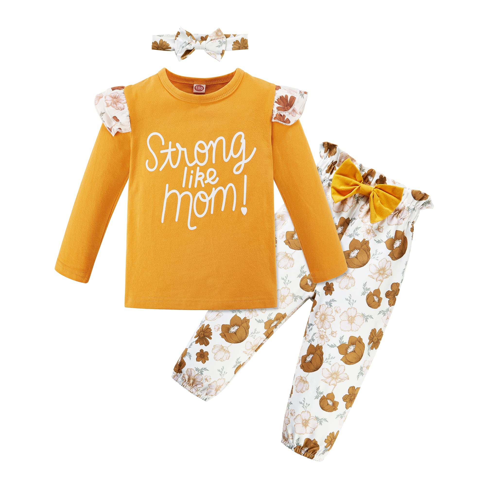 Ruffled Toddler Girls Clothes- Bontime Cute Graphic Baby Girl Fall Winter Outfits, Organic Cotton Pant Set