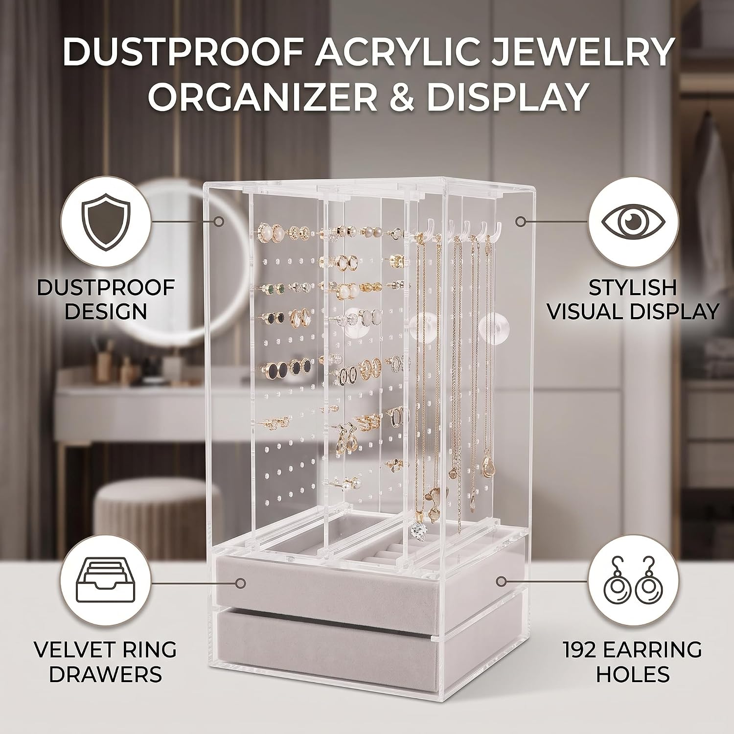 Qinlorgo Acrylic Earring Holder, Transparent Acrylic + Acrylic Holder with 5 Drawers, Drawers Acrylic Earring Holder for Storing Earrings, Necklaces, Rings image 4