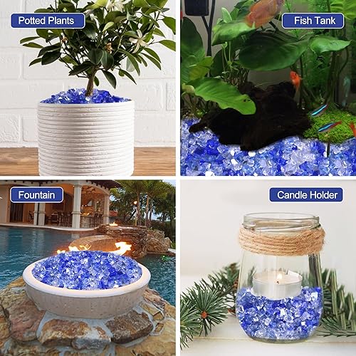 Miniatura 9 de Vidrio ignífugo de 20 libras para hoguera, rocas de vidrio reflectante de 12 pulgada para chimenea de propano y gas, vidrio azul con piedra de