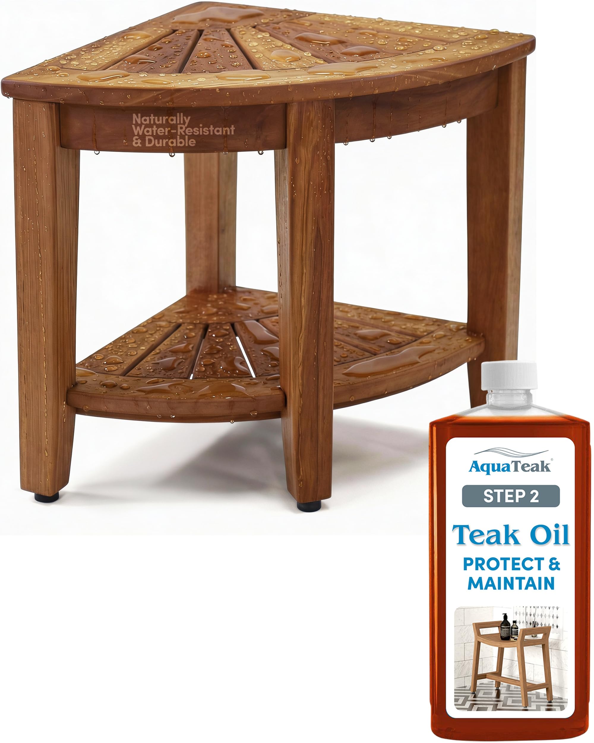AquaTeak Kai Corner 15.5" Teak Shower Bench &amp; Premium Teak Oil