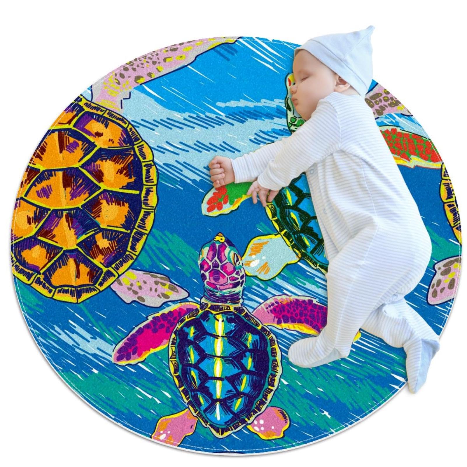 Tapis de chambre enfant rond 1m décor tortues de mer aquarelle