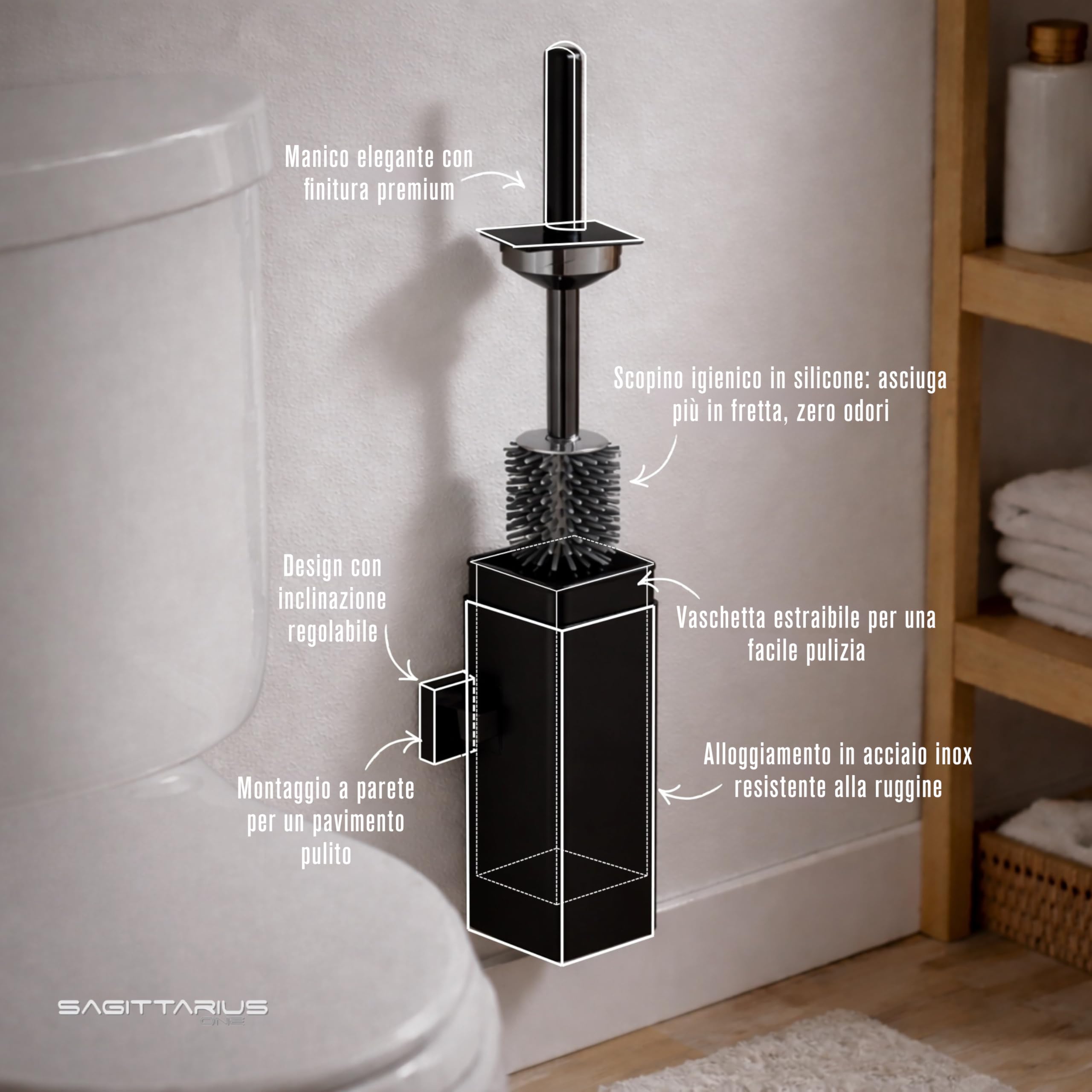 360S1-B Scopino WC Silicone – Spazzola Igienica e Durevole con Supporto in Acciaio Inossidabile SUS304 – Design Moderno – Nero Opaco