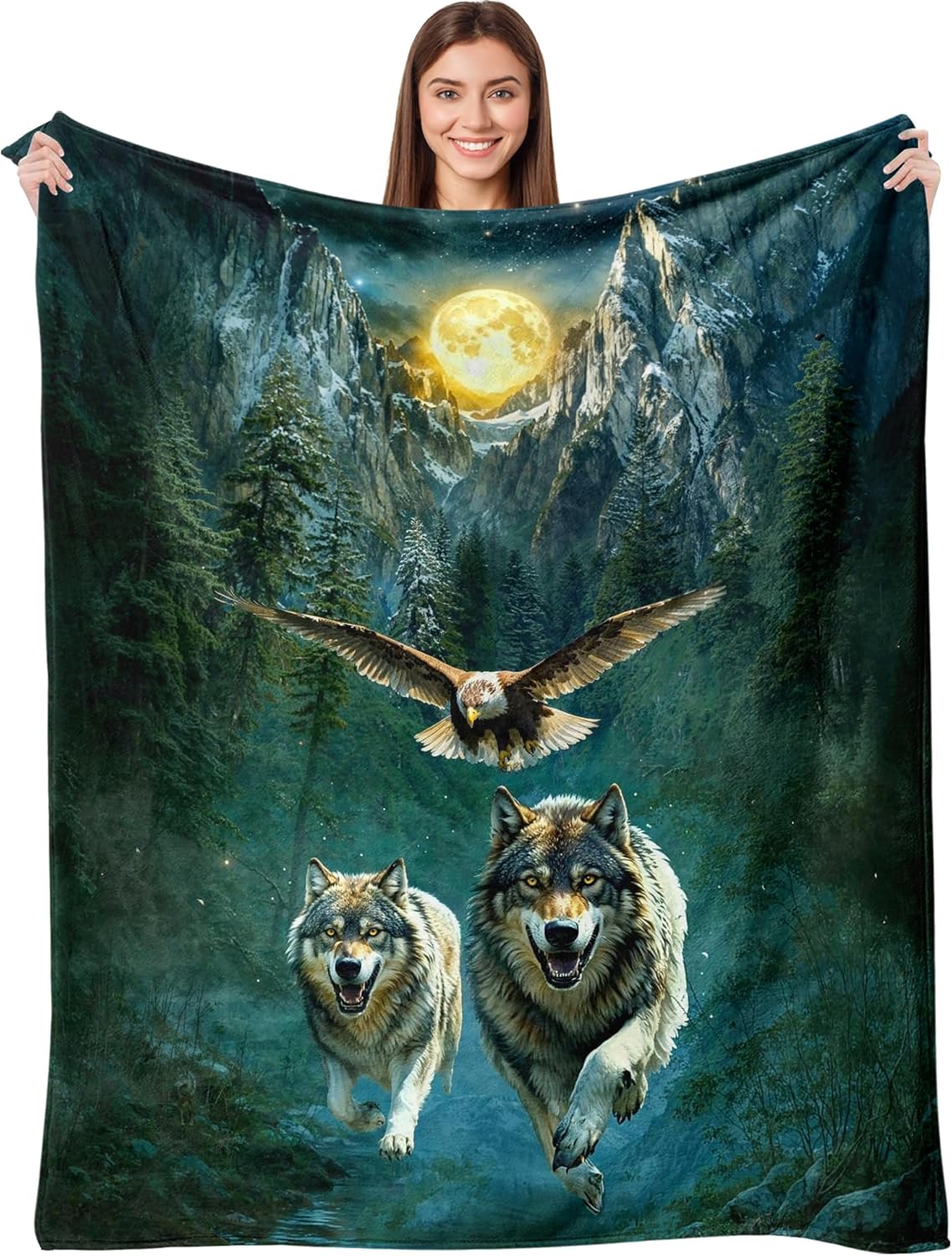 Wolf Blanket for Kids 50"x 60", Dark Green Forest Mountain Eagle Throw Blanket, Wolf Gifts for Women Men, Soft Cozy Lightweight Flannel Throws Blankets for Couch Bed Sofa Chair Decor