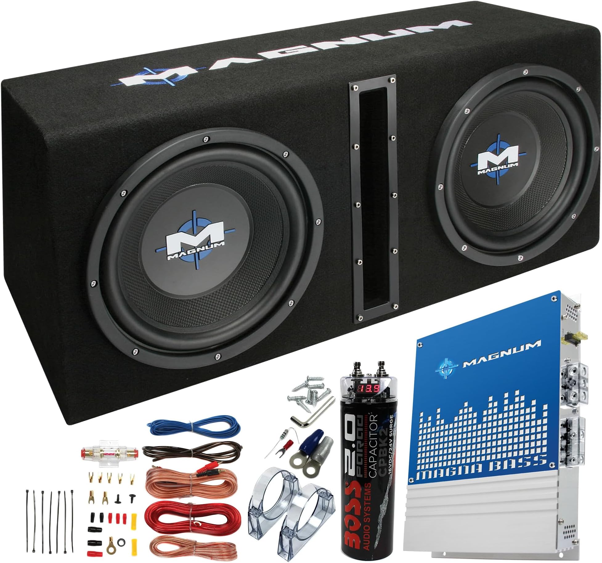Magnum MB210SP 10-Inch 400W RMS Dual Subwoofer System, Soundstorm AKS8 8 Gauge Complete Wiring Kit, and Boss Audio CPBK2 2 Farad Power Capacitor