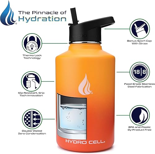 Miniatura 7 de HYDRO CELL Botella de agua de acero inoxidable con sorbete y tapa ancha de boca (rojo/naranja, 64 onzas con funda inferior de silicona protectora,