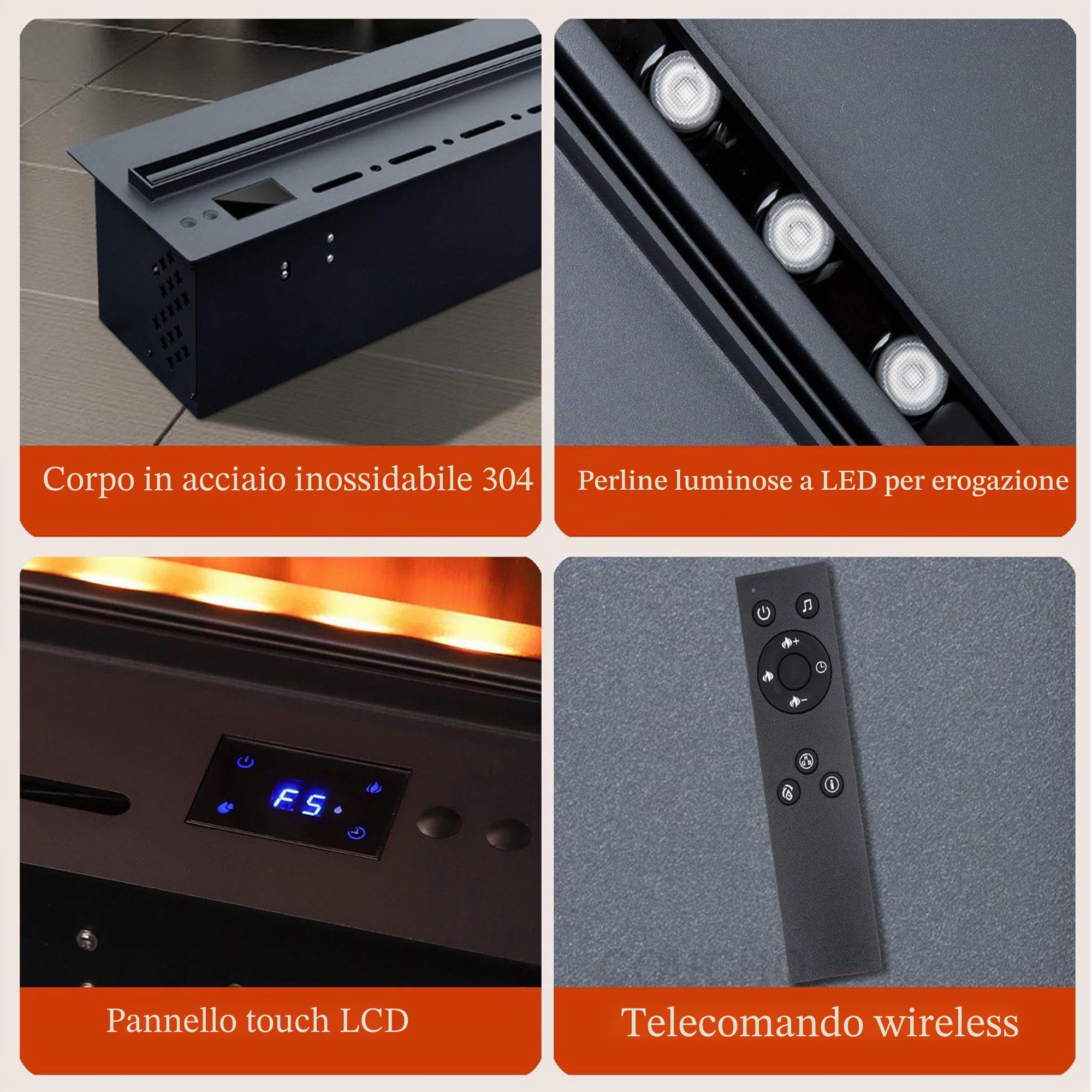 Camino A Vapore Acqueo 3D con Telecomando, Touch Screen E Umidificatore, Riempimento Automatico dell'Acqua, Fiamma Atomizzata Realistica, Design da Incasso-180cm/70.87in