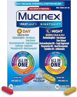 Mucinex Fast-Max Day Cold and Flu & Nightshift Night Severe Cold and Flu Medicine for Adults, Day/Night Combo Pack for Fever, Sore Throat Relief, Decongestant, Cough & Cold Medicines, 40 Caplets
