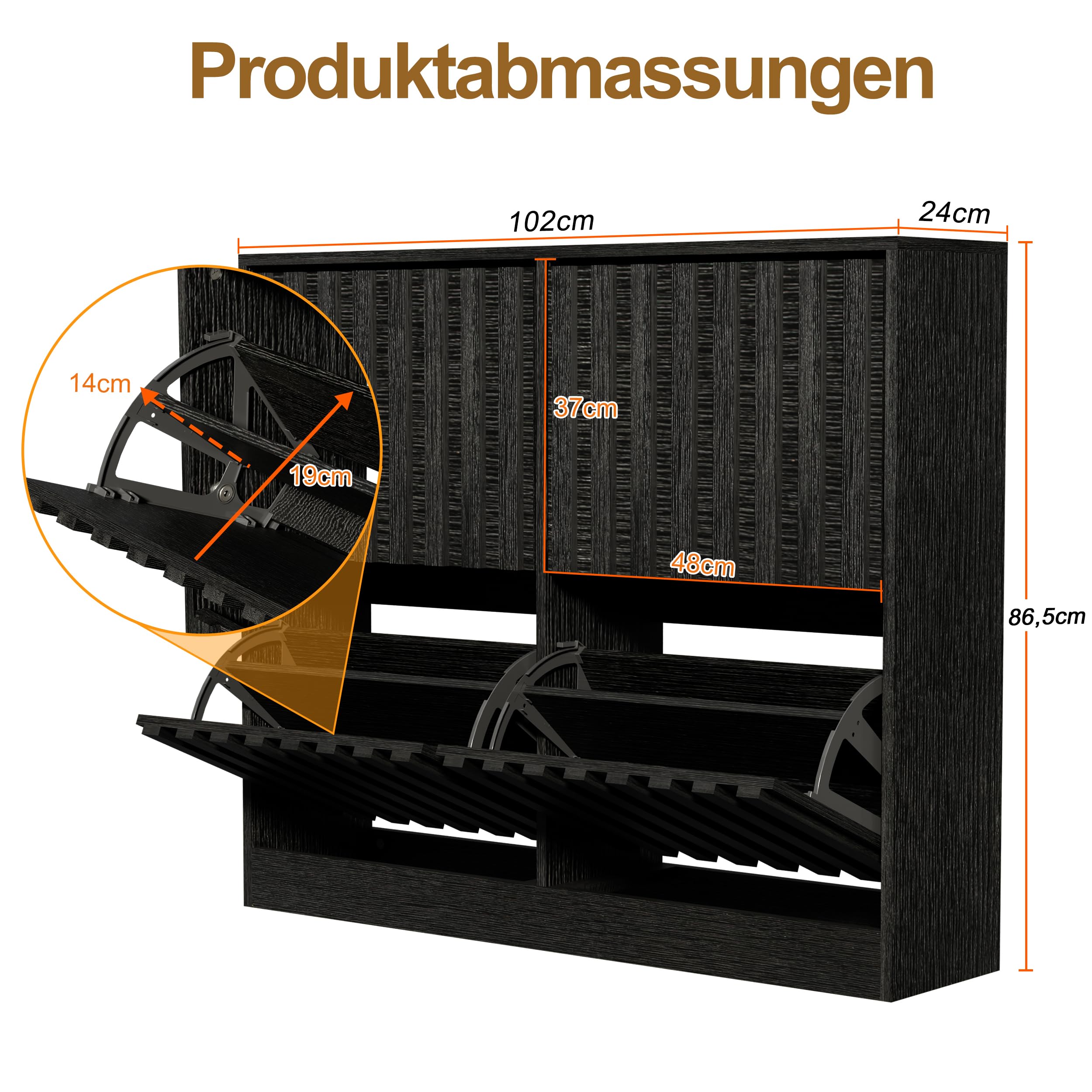 UEV Schuhschrank mit 4 Klappen Holz Schmal Schuhkipper Schuhkommode mit Kippschutz, Schuhaufbewahrung, Flurkommode Schuhregal Flur, Verstellbare Trennwände für Verschiedene Schuhtypen Schwarz