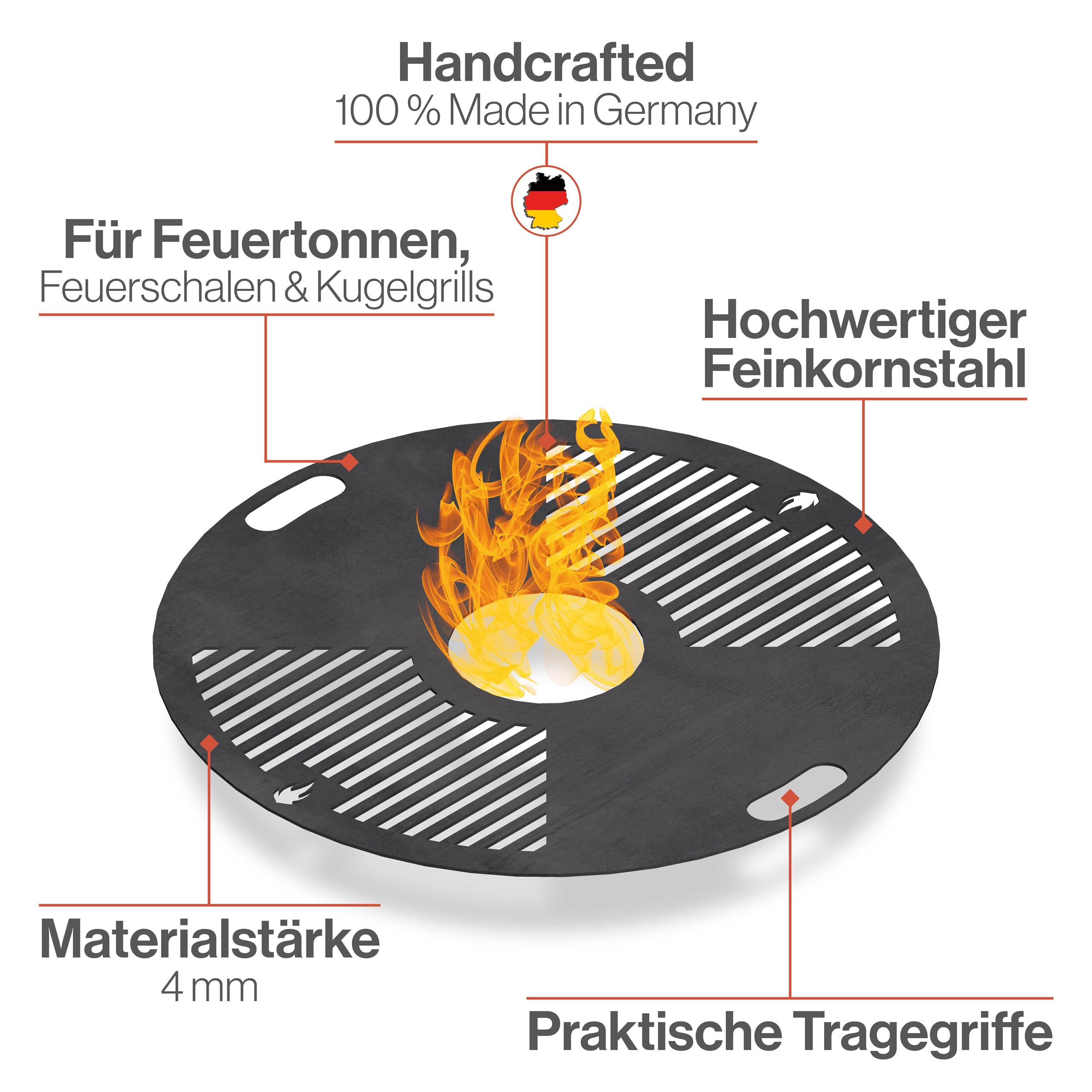 Feuerfest 123 Plaque de gril ronde I Ø 80 cm I Plaque de barbecue en acier à grain fin I Plaque de plancha massive de 4 mm d'épaisseur I Accessoire de gril pour brasero, tonne à feu, tonne de barbecue