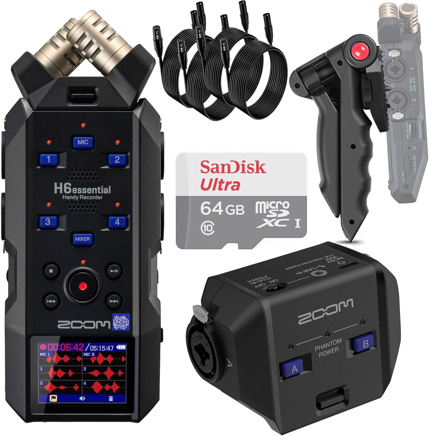 Zoom H6essential 6-Track 32-Bit Float Portable Audio Recorder with EXH-6e Dual XLR-1/4" TRS Input Capsule Accessory Bundle