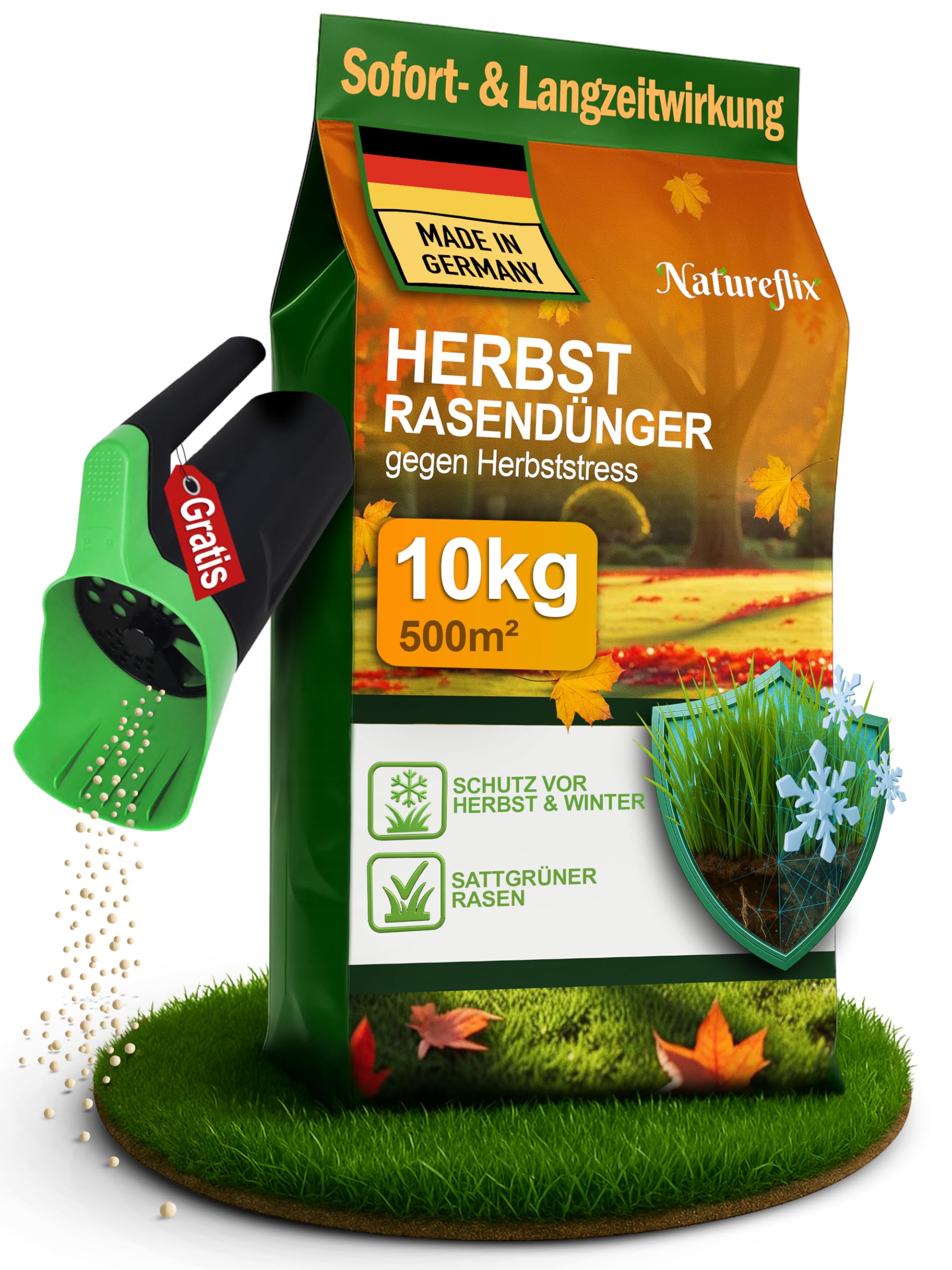 Herbstdünger Rasen + GRATIS HANDSTREUER | Herbstrasendünger staubarm | mit Winterschutz | Körnung 2–5 mm | Rasendünger Herbst ist Kind- & tierfreundlich (10kg für 500m²)