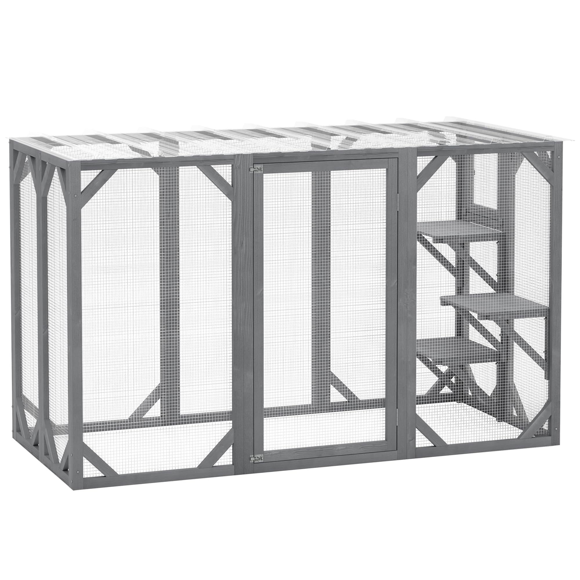 PawHut Wooden Cat House, 71" Catio Outdoor Cat Enclosure with Three Platforms, Large Door and Weather-Resistant Roof, for Multiple Cats, Grey