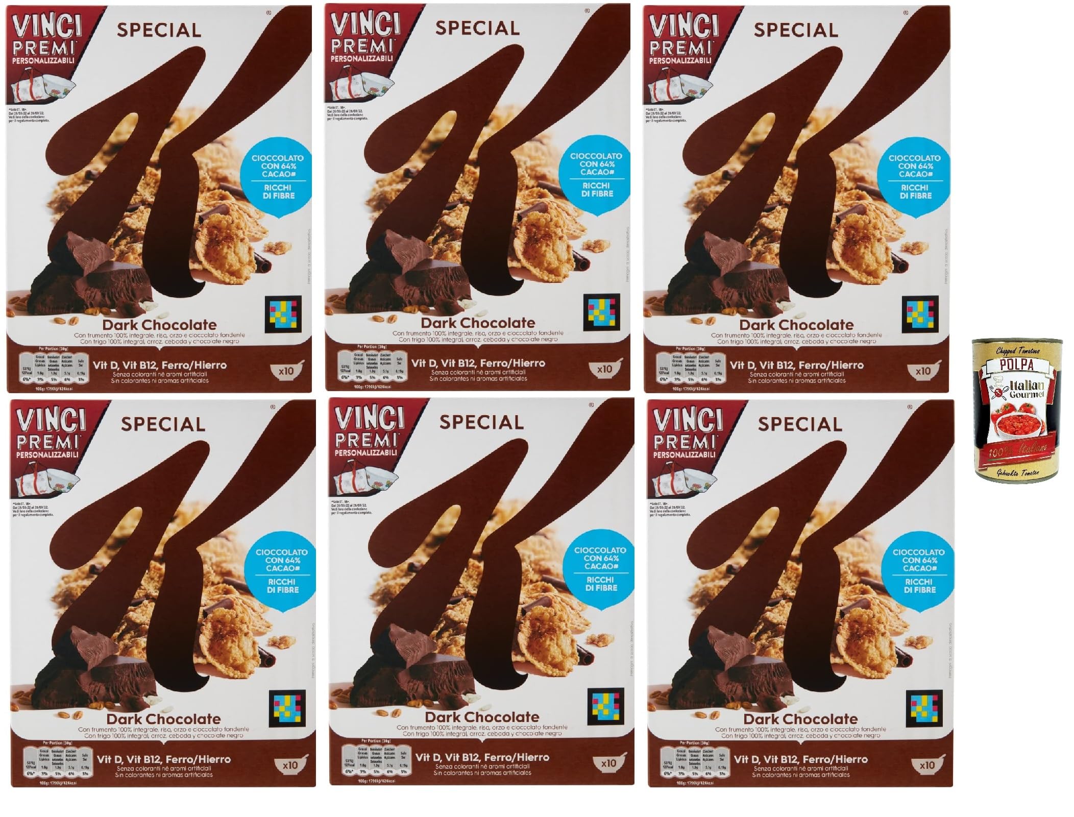 Special K Dark Chocolate, Céréals Riz au chocolat noir flocons de blé à grains entiers et d'orge avec des vitamines et des minéraux avec des boucles de chocolat 6x 290 g + Italian Gourmet polpa 400g