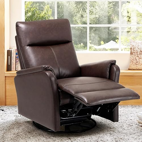 COLAMY Swivel Rocking Recliner Glider Chair, Leather Reclining Rocker Chair with Footrest for Living Room, Nursery, Office, Bedroom, Wide Seat Cushion and Metal Base-Chocolate