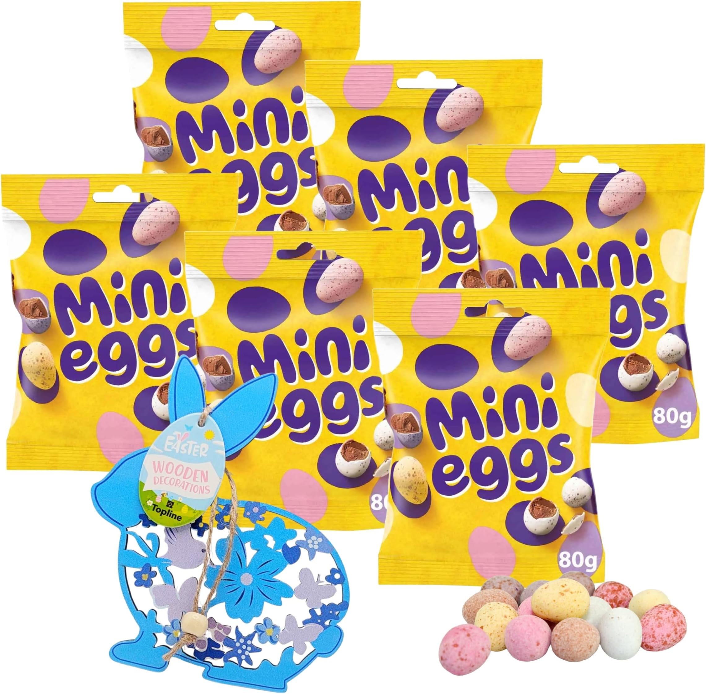 Easter Mini Eggs TOTAL 480g - Pack of 6 x 80g Colourful Crispy Mini Eggs Sharing Pouches with Topline Bunny Decoration. Great for Chocolate Hamper, Easter Gifts for Kids, Egg Hunt
