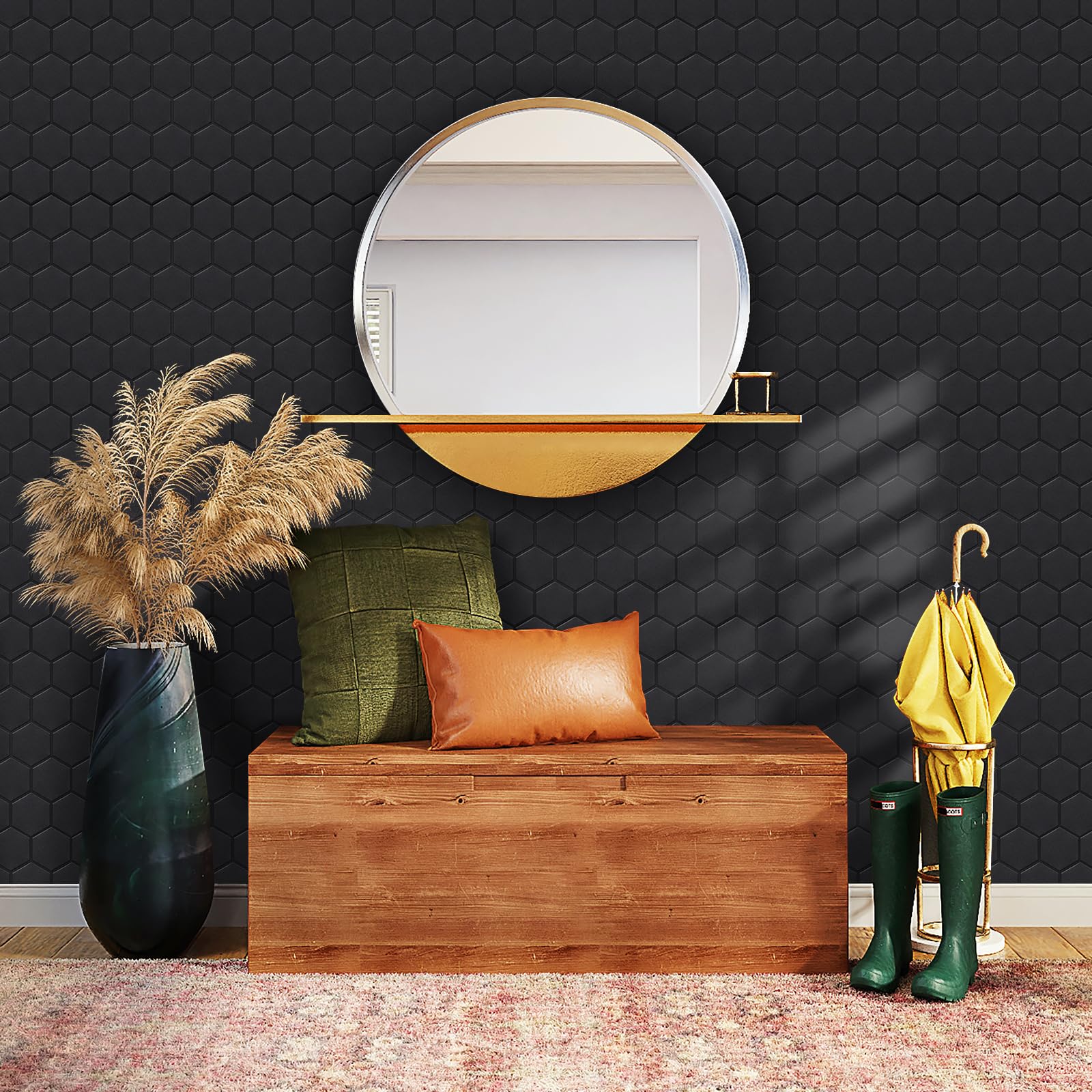 Azulejos De Pared Autoadhesivos De 1,6 mm De Grosor, Adhesivos Hexagonales Negros Mate para Salpicadero De Cocina, Baño y Decoración Del Hogar (10 Hojas, 12 x 12 Pulgadas)