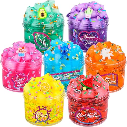 Paquete de 7 unidades de slime transparente con cubos de gelatina, sandía, aguacate, limón, rosa, azul, limo transparente, juego de limo de cristal