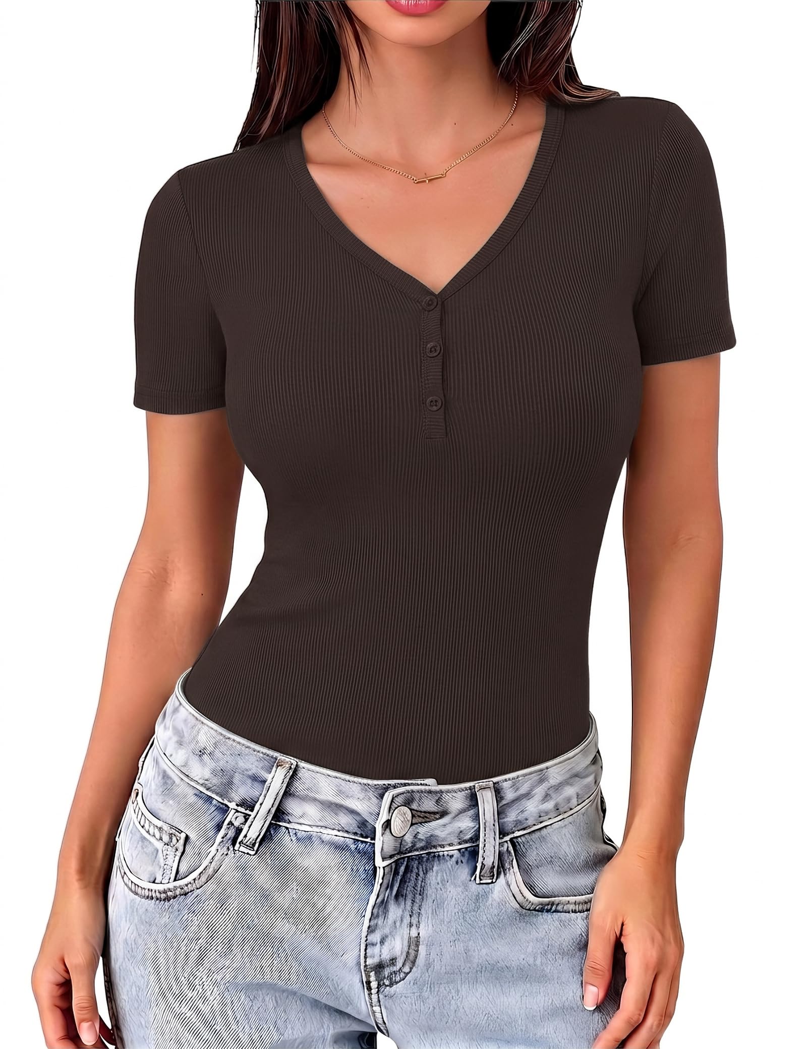 Gyabnw Damen T-Shirt mit V-Ausschnitt und Henley-Knopfleiste | Kurzarm, Slim Fit, weicher Stretchstoff, als Basic Oberteil für Sommer, Alltag und Freizeit
