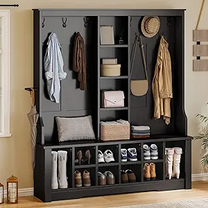 DWVO 59" Wide Hall Tree with Bench and Storage for Hallway Entryway, 10 Shoe Cubbies & 10 Coat Hooks, 4-Tier of Center Storage Open Cabinets, Coat Rack with Space for Bedchamber Living Room (Black)