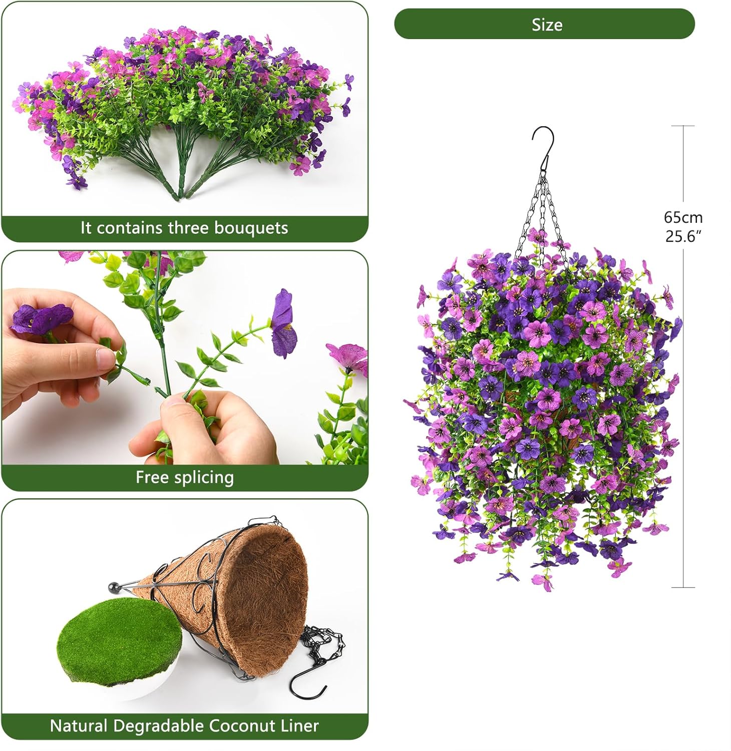 Homsunny Artificial Fake Hanging Plants Flowers Baskets for Outdoor Outside Spring Decor,Faux Silk Daisy UV Resistant Look Real Summer Decorations for Home Porch Patio Yard Garden(Mix Purple