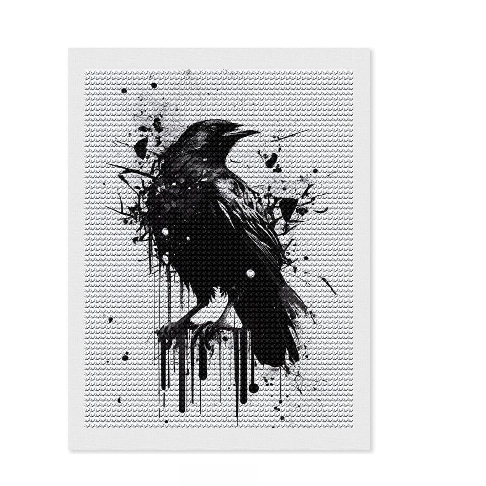 Junmoney Raven Black and White Round Drill Diamond Painting 12"x16", Sparkling Round Gems, Creative Leisure Activity, Home Wall Decor