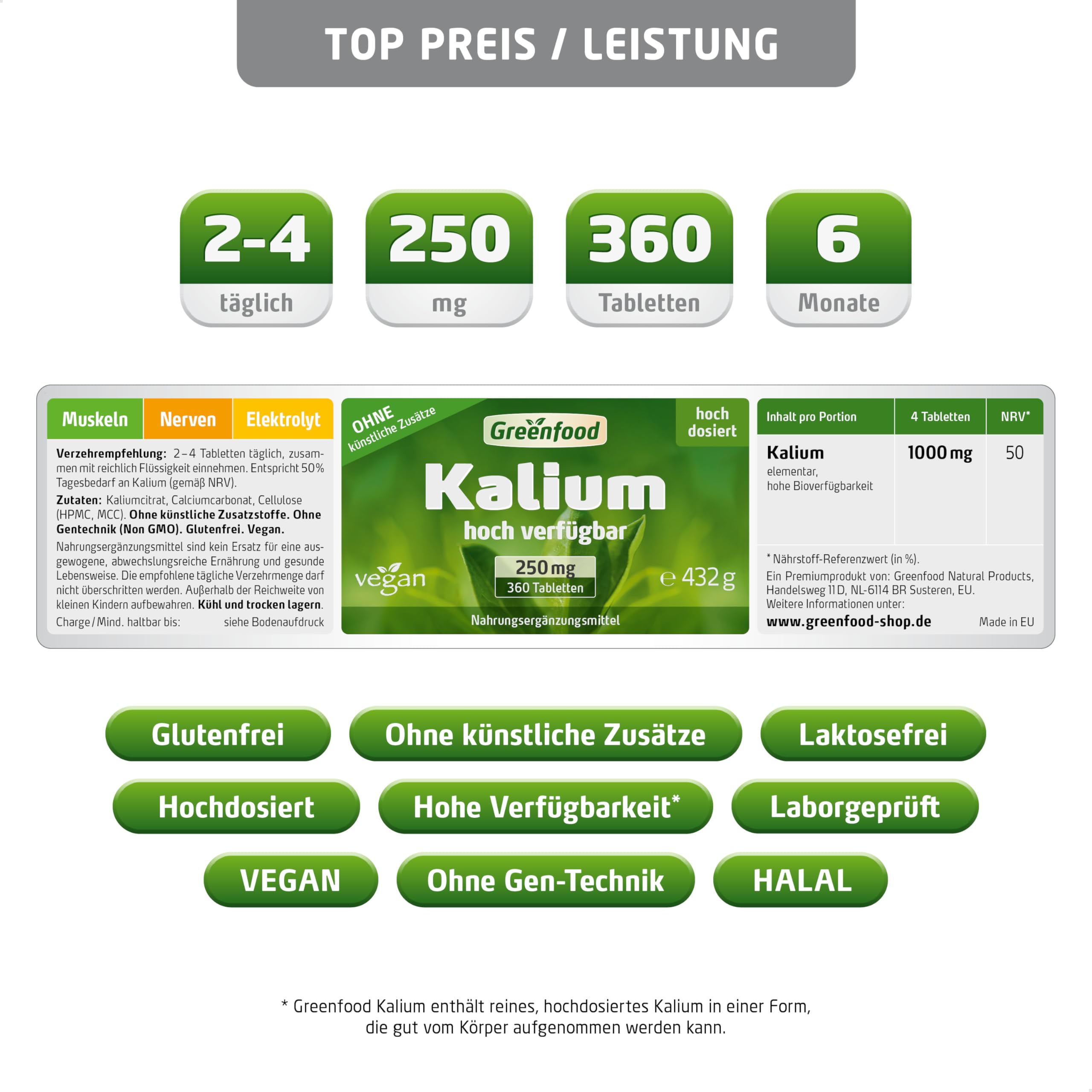 Kalium, hochdosiert, 250mg - 360 Tabletten, vegan. Hochwertiges Kaliumcitrat - wichtig für Nervensystem, Muskelfunktion & Blutdruck. OHNE künstliche Zusätze - laborgeprüft. Von Greenfood.