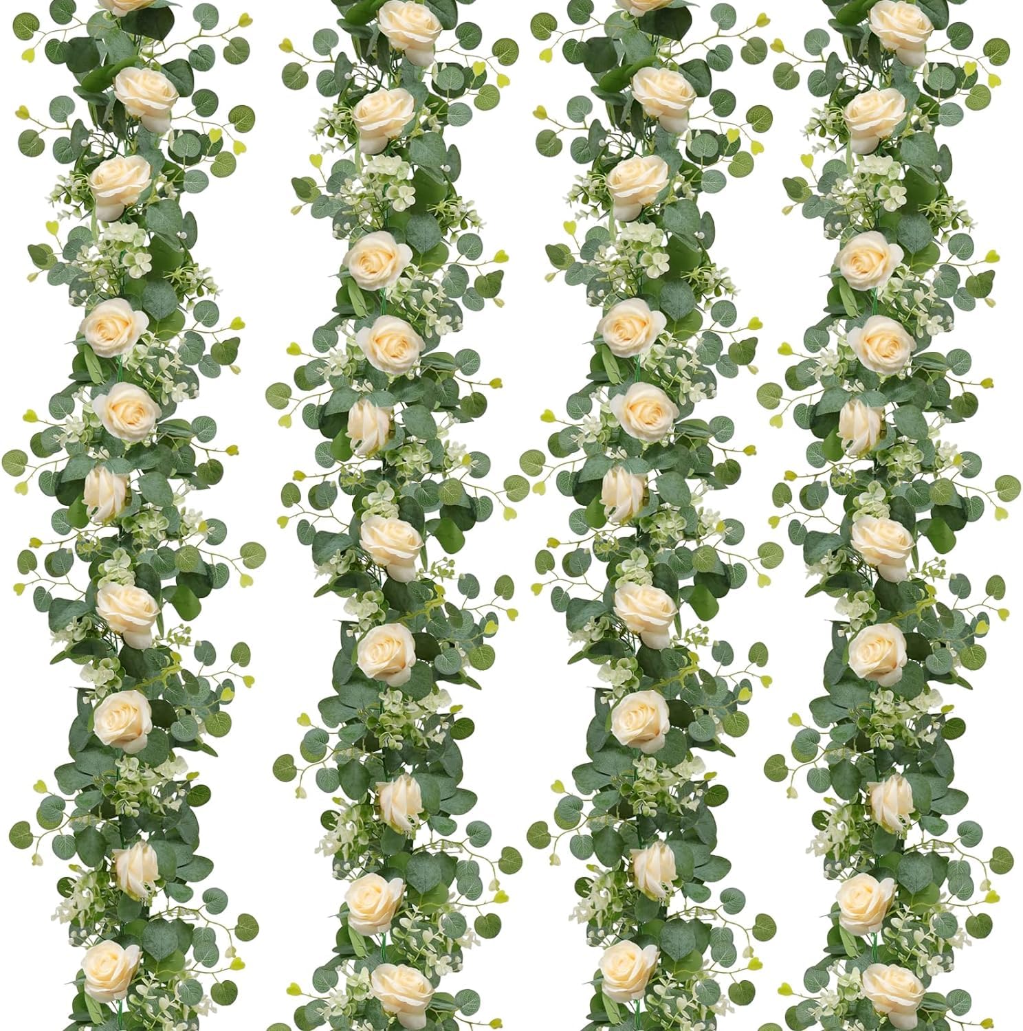 Dremisland 4 Piezas Guirnalda de Rosas Artificiales Flores 1.8m Guirnalda de Eucalipto Rosas Blancas Falsas Colgante Artificial Vid de Seda Plantas para Decoración Boda Jardín Balcón Exterior Interior