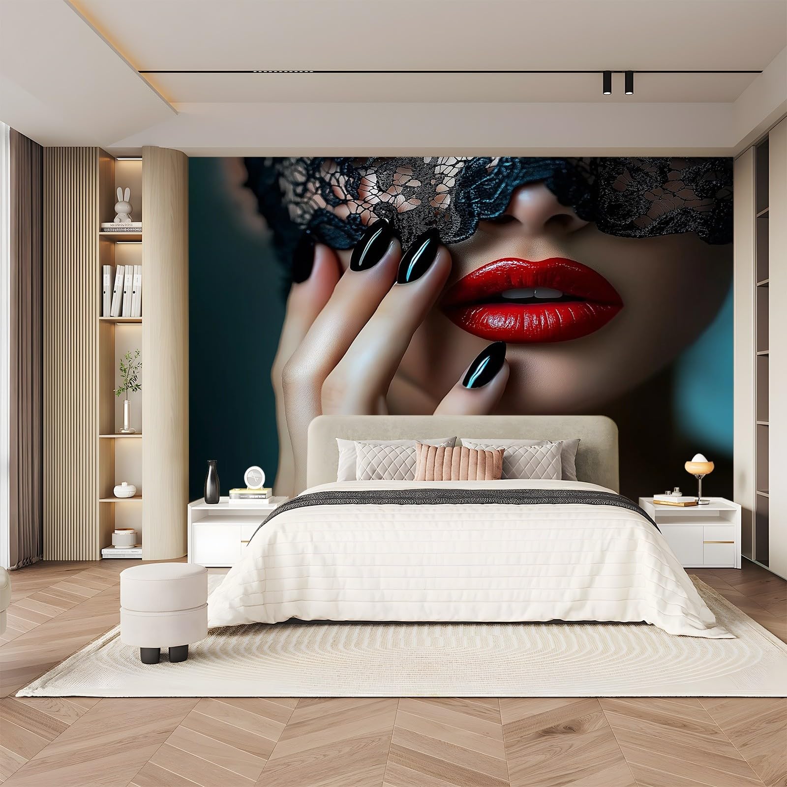 Stile Di Moda Labbra Unghie Carta Da Parati 300 X 210 Cm Nero Pizzo 3D Fotomurale – Poster Gigante Da Parete Per Camera Da Letto, Soggiorno, Hotel O Corridoio – Decorazione Murale Moderna Di Lusso