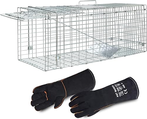 ANT MARCH Trampa de jaula para animales vivos con guantes de 37 x 13.5 x 14.5 pulgadas, jaula grande de acero para roedores para conejos, gatos
